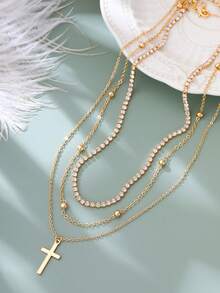Nooxian 3 件套时尚嘻哈风格水钻爪链配十字架吊坠多层金色金属项链套装，适合女性日常佩戴（珠子数量随机） - 金黃色 - 查看 2