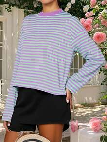 Women Striped Long Sleeve Baggy T Shirts Y2k Vintage Stripes Oversized Boxy Tees Cropped Tops Lionesss Stripped Sweatshirt Fall Preppy Teen Girl Clothes - 紫色 - 查看 4