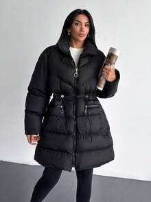 Women's Casual Solid Color Waterfall Collar Down Jacket, Long Sleeve, Regular Cuffs, Pockets, Knee-Length, Suitable For Winter - Black - View 5