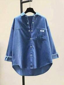 大码女式时尚灯芯绒衬衫，长袖，领子，正面纽扣，落肩，不对称下摆 - 藍色 - 查看 7