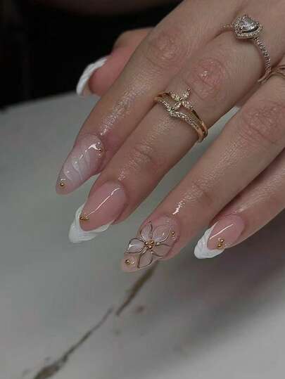 10 قطعة أظافر صناعية يدوية بشكل نجمي ثماني الأضلاع بلون بيج وذهبي، مرآة ثلاثية الأبعاد، أظافر فرنسية صغيرة وبسيطة وفاخرة، مستلزمات أظافر