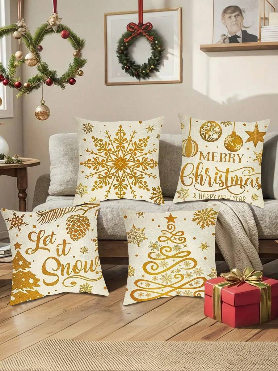 4 pièces Housses de coussin de Noël dorées avec motifs de sapin de Noël et flocons de neige - Décoration festive de Noël avec les textes "Merry Christmas" et "Laissez-le neiger", avec fermeture éclair, lavables en machine, parfaits pour le canapé, le divan ou le porche, décoration extérieure de la maison, décorations de Noël - Doré - Voir 1