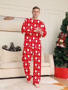 Lo Rrtta 2pcs Santa Claus & Celebration Letter Print Graphic Crew Neck Long Sleeve Men's Pajama Set, Fall & Winter Clothes - Multicolor - View 6
