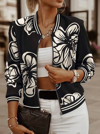 Women's Floral Print Zipper Ribbed Contrast Trim Casual Jacket