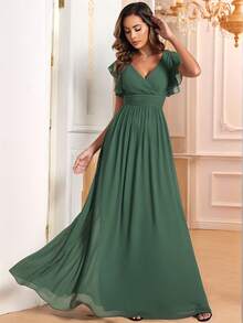 EVERPRETTY Jesienna sukienka dla druhny z krótkim rękawem, marszczonym dekoltem w serek, drapowanym wzorem z odkrytymi plecami, plisowaną asymetryczną spódnicą, szyfonowa, zielona, na wesele