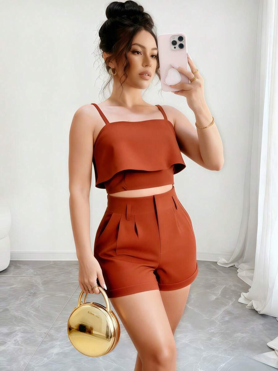 Ragata Women's Tailored Set + Shorts Casual/Social Fashion Work Blazer With Front Button Solid And Elegant Women's Tank Top/Elegant/Sophisticated With Fake Pockets/With Buttons/Monster Shoulder/Blogger/Fashion/National Shipping Promotion 2024 - 鐵鏽紅 - 查看 1
