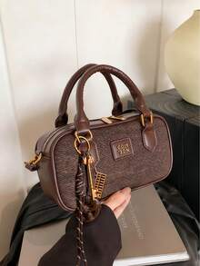 1pc Plush Doll Decor Crossbody Bag, Large Capacity Soft Leather Boston Tote Bag, Suitable For Commuting All Year Round - Coffee - View 3