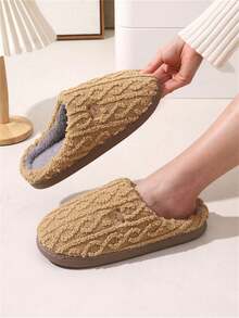 情侣可爱熊装饰简约纹理保暖针织拖鞋，男女通用室内拖鞋，适合居家、办公室、卧室、秋冬季 - 淺咖 - 查看 5