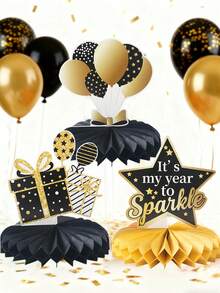 6Pcs Black Gold 2026 New Year Honeycomb Centerpieces,Happy New Year Table Ornament,New Year Party Decorations,Table Centerpiece,New Year's Eve Celebration Decor,New Year Decorations,Holiday Party Supplies - Multicolor - View 2