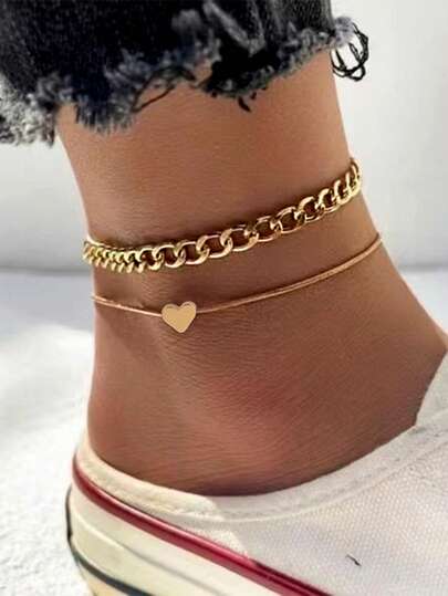 Tkool 2 件女士加厚链条和串珠心形装饰脚链