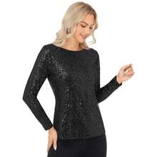 Women's Long Sleeve Sequin Top With Crew Neck And Fitted Silhouette - 黑色 - 查看 3