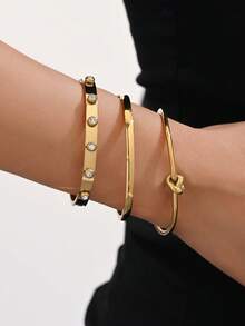 4pcs/3pcs/1pc 18K Gold-Plated Stainless Steel Bangle Bracelet With Luxury Rhinestone Design, Suitable For Gifts, Engagement, Daily Wear, Parties, Festivals, Beach Vacation - Gold - View 11