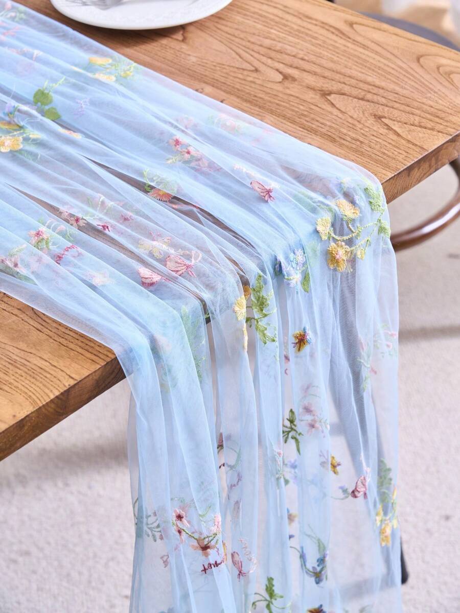 1pc Floral Embroidered Sheer Table Runner, Romantic Farmhouse Style, Suitable For Daily Use, Festivals, Weddings, Hotels, Birthday Parties, Home Decor, Photography Backdrop, All Seasons