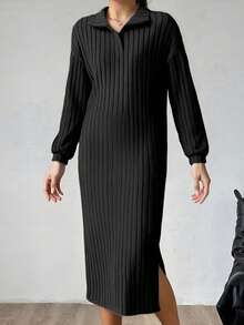 Women Autumn Solid Color Dress Long Sleeve Turn Down Collar Side Split Ribbed Dress - màu đen - Xem 4