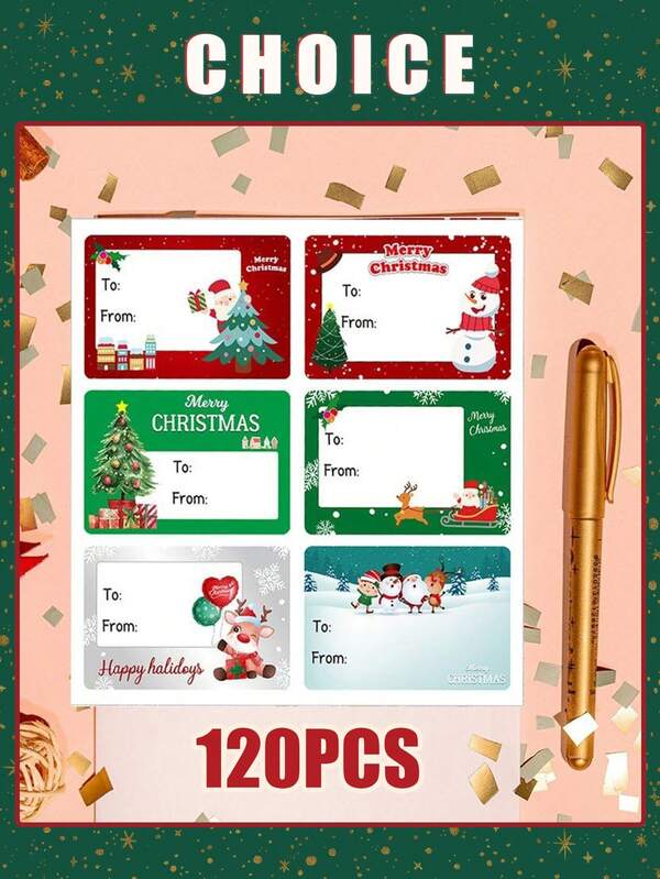 120pcs Christmas Self Adhesive Gift Tag Self Stick Stickers Gift Name Tag Christmas Stickers With 6 Different Designs