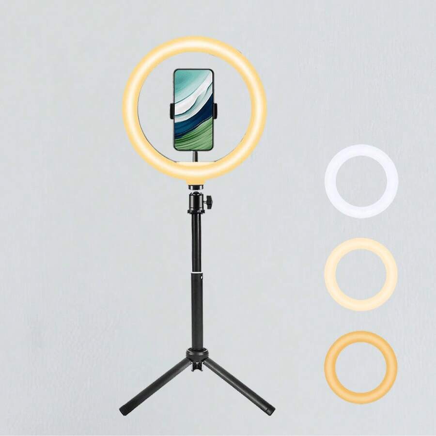 10-Inch 3-Color Dimmable Selfie Ring Light With Tripod Stand, Large Size Portable Adjustable Lighting For Photography, Makeup, Live Streaming, Compatible With Smartphone - Black - View 1