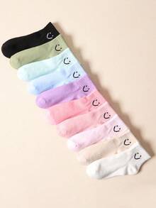10 Pairs Girls' Solid Color Smiling Face Daily Casual Short Elastic Mid-Calf Socks - Multicolor - View 6