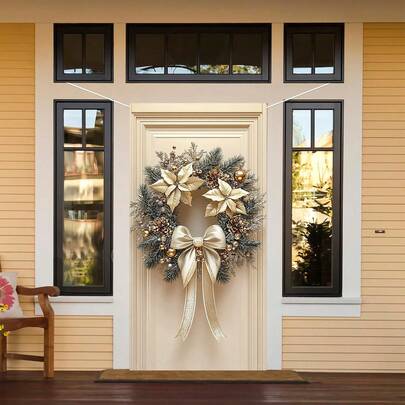 1pc Classic Christmas Door Wreath Decoration - Polyester Floral Wreath With Golden Accents And Bow, No Feather, Indoor/Outdoor Festive Hanging Sign For Photo Booth Props And Party Supplies, 35.4x70.8 Inches