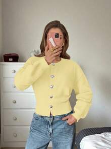 FOR BEAUTY Summer Y2K Women Cardigans Yellow Rib Knit Heart Button Long Sleeve Sweater Casual Elegant Going Out Top - Garcinia - View 5