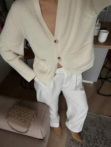 Pull en tricot côtelé à boutons devant, poches, style rétro Mori Top de gamme, couleur unie. Tenue de bureau pour femmes - Blanc - Voir 3