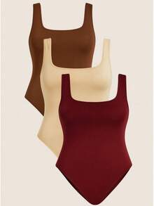 Kit 3 Body Bori Women's Tank Top Thick Strap Basic Casual Blogger Suplex Various Colors Spring Summer - Wine/Brown/Nude - View 2