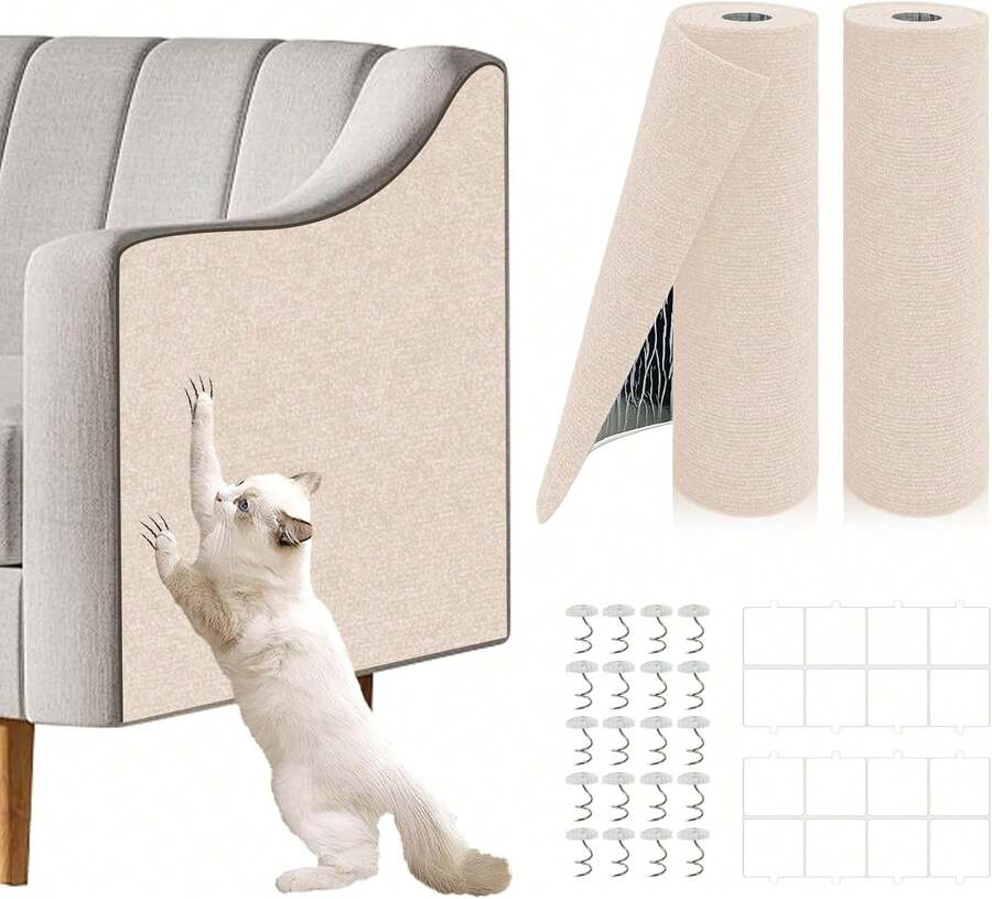 2 Pcs 39.4"X15.8" Cat Scratch Mat, Cat Scratch Couch Furniture Protector, Triable Self-Adhesive Cats Scratch Pads, DIY Cat Scratcher For Wall Protector And Covering Cat Tower (Beige),23942243 - 米色 - 查看 1