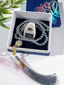1 件豪华蓝盒黑曜石念珠项链套装，配有智能计数器装置和金色流苏配件，是禅修者的高端礼物，斋月必备 - 彩色 - 查看 2