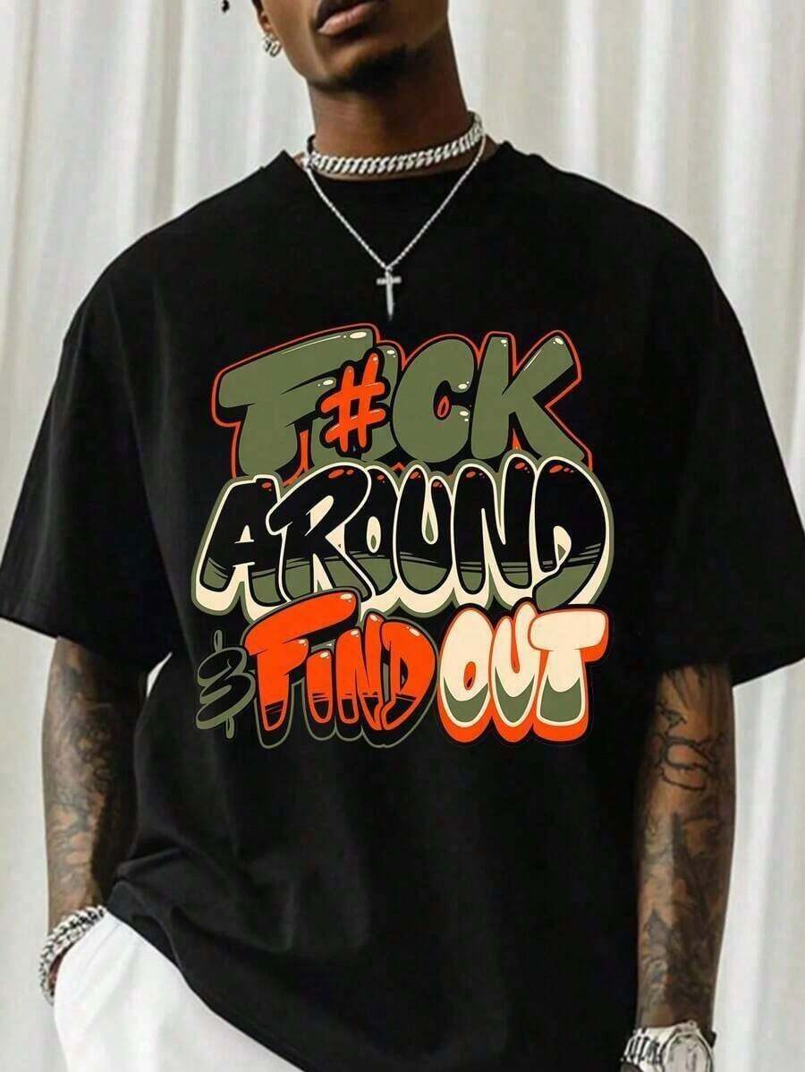 1Pcs,2026,"F@K AROUND & FIND OUT" Graphic T-Shirt - 180g Heavy Cotton Crew Neck T-Shirt With Bold Orange And Green Graffiti Print, Breathable Short Sleeve Shirt For Summer, Casual Streetwear And Outdoor Activities, Everyday Wear Shirt Street Fashion Comfortable Fit, Everyday Wear, Match With Shorts, Outdoor Sports, Golf, Fishing Activities, Sports Shirt, Great Gift, Graphic T-Shirt, T-Shirt-White And Navy Off-The-Shoulder Cropped Top - 黑色 - 查看 1