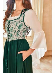 Medieval Renaissance Gown - Women's Floral Peasant Dress With Elegant Bell Sleeves, Festival Formal Dress - 墨綠色 - 查看 5