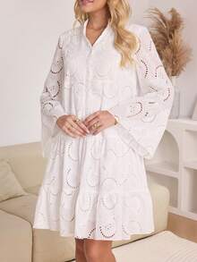 Elegant Women's White Short Dress Notched Neck Long Flare Sleeve Ruffle Flounce Hem With Eyelet Embroidery Details Non-Stretch Fabric Casual Boho Style - trắng - Xem 1