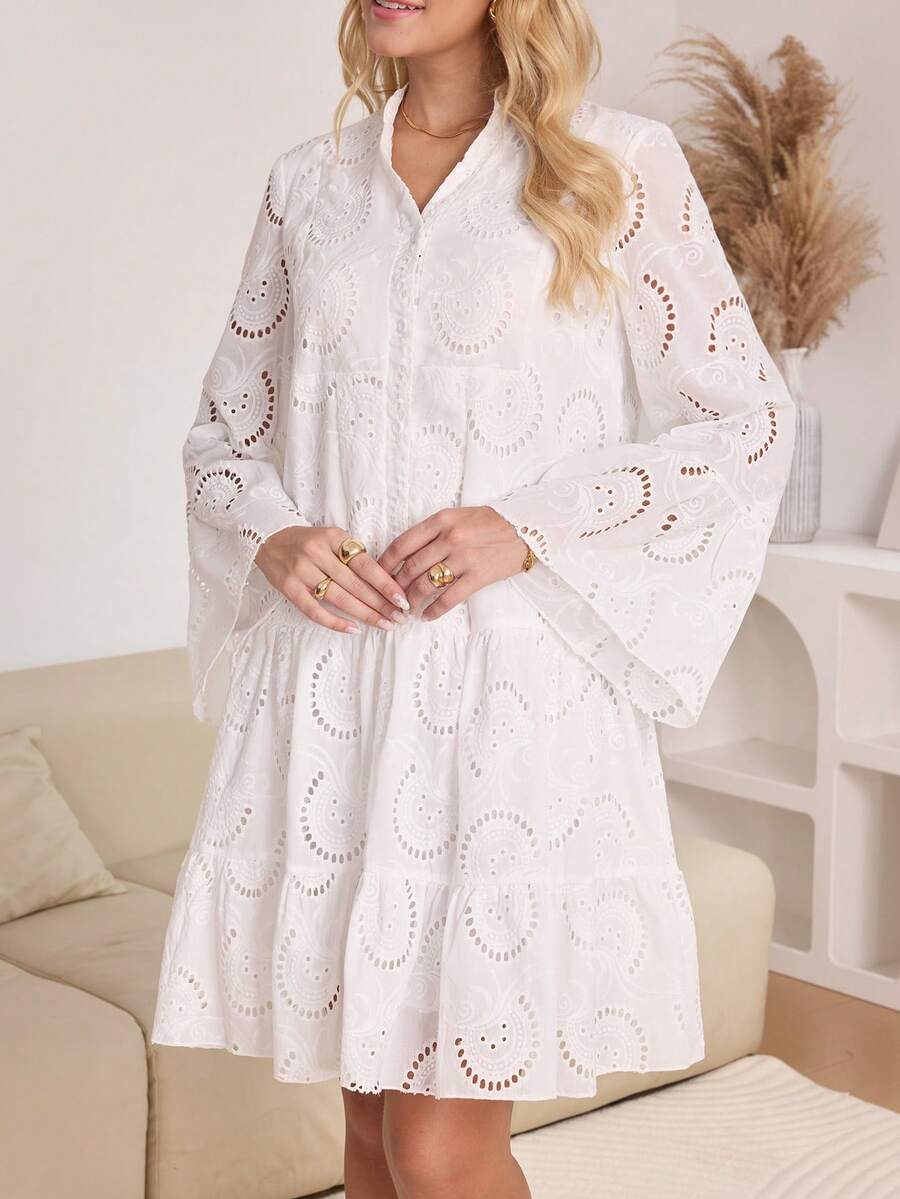 Elegant Women's White Short Dress Notched Neck Long Flare Sleeve Ruffle Flounce Hem With Eyelet Embroidery Details Non-Stretch Fabric Casual Boho Style - trắng - Xem 1