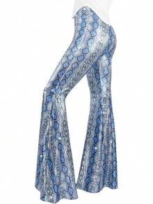 Womens Sequin Flare Pant Sparkly High Waisted Leg Bell Bottom Glitter Trousers Night Out Clubwear - 藍色圖案 - 查看 11