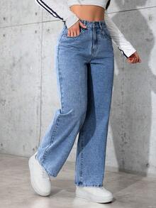 ZYANYA Cómodos jeans de mezclilla de lavado claro con pierna ancha para mujer, estilo casual largo con botones y bolsillos - Lavado ligero - Ver 1