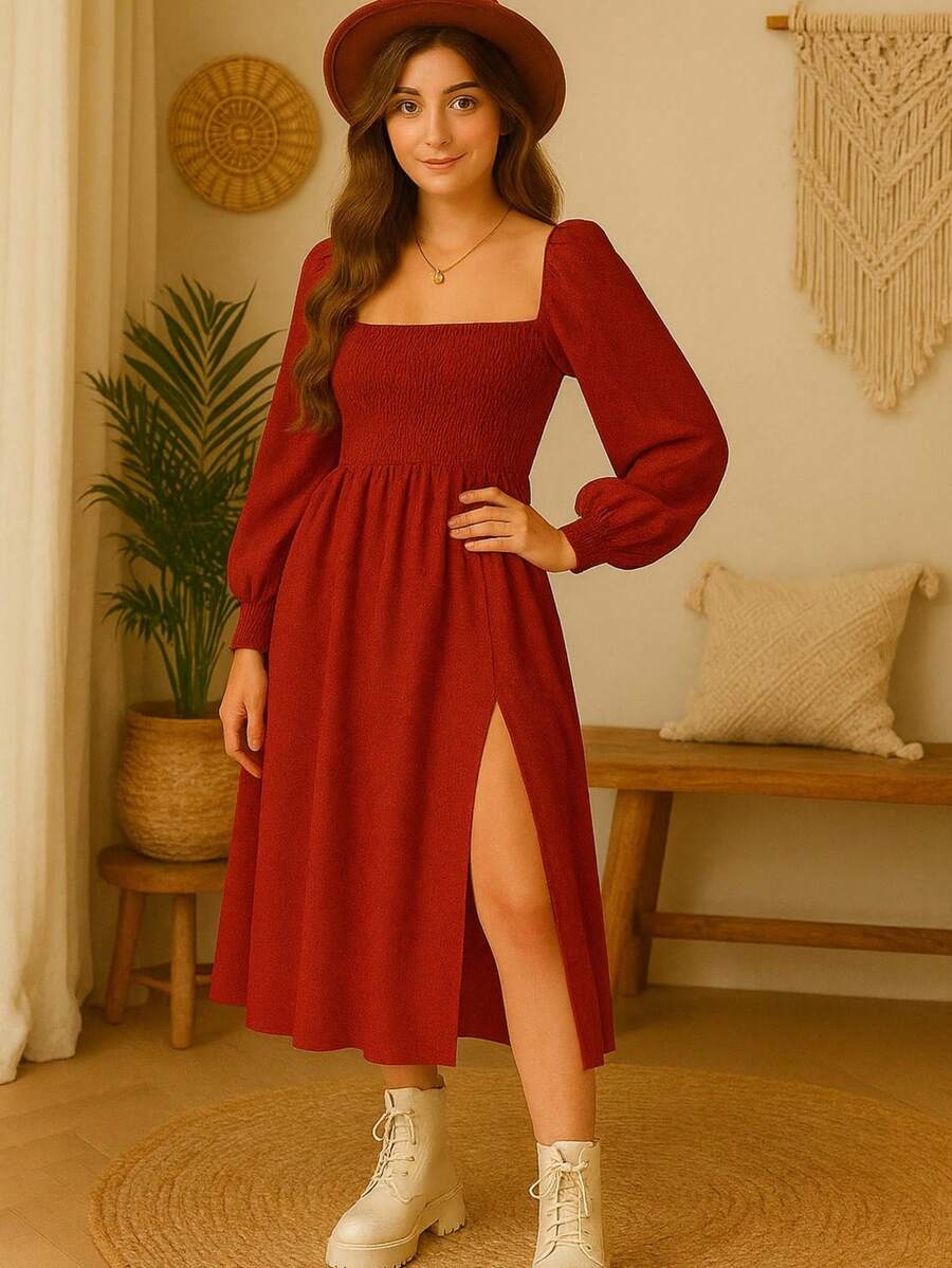 Vestido Campesino Manga Larga con Elástico en Puño y Abertura Lateral - Rojo - Ver 1