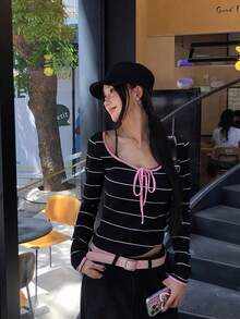 Vintage Long Sleeve Striped T-Shirt, Fitted Women Top For Spring Summer Black - Black - View 5