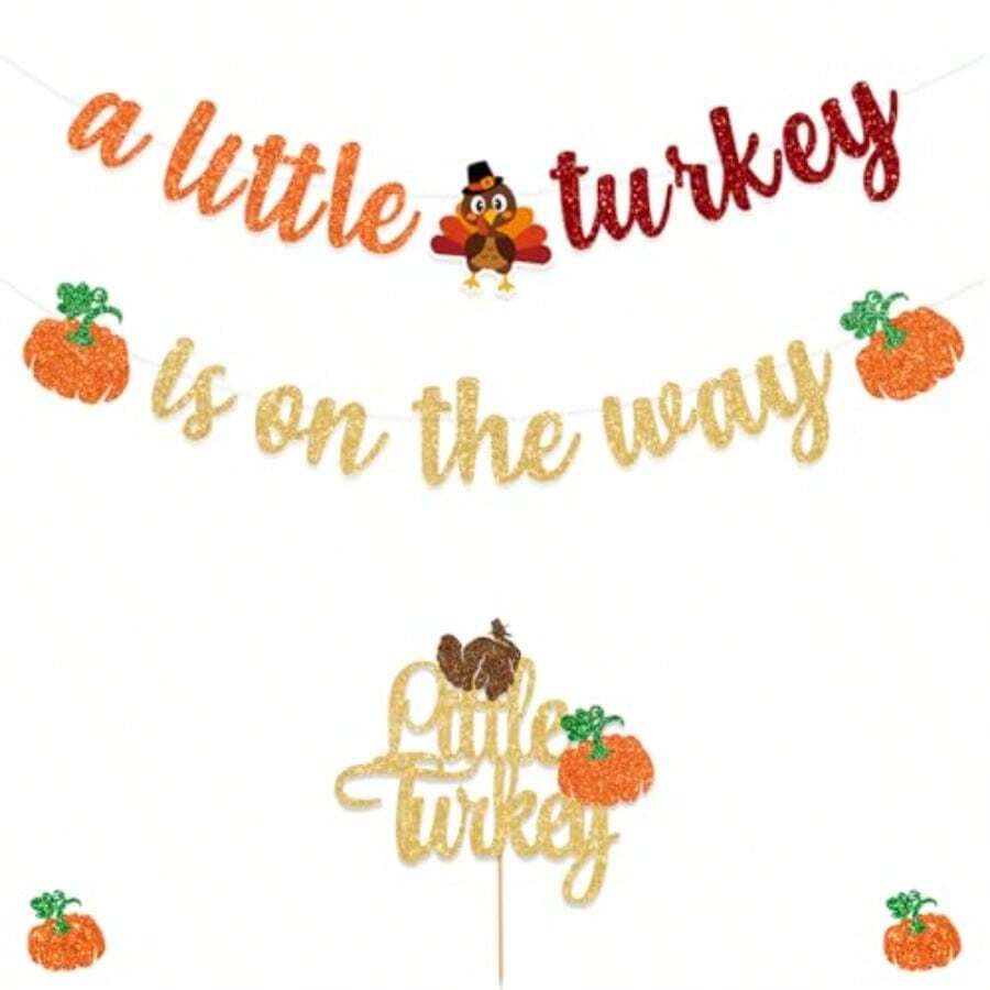 DGlitter Thanksgiving Turkey Pumpkin Baby Shower Banner - A Little Turkey Is On The Way - Fall 1st Birthday Decoration - 小火雞來了 - 查看 1