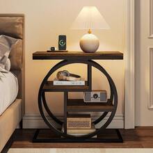 End Table For Living Room 4-Tier Narrow Side Table With Storage Shees Industrial Bedside Table For Bedroom Wood Small Sofa Side Table With Geometric Metal Frame 1 PC Rustic Brown