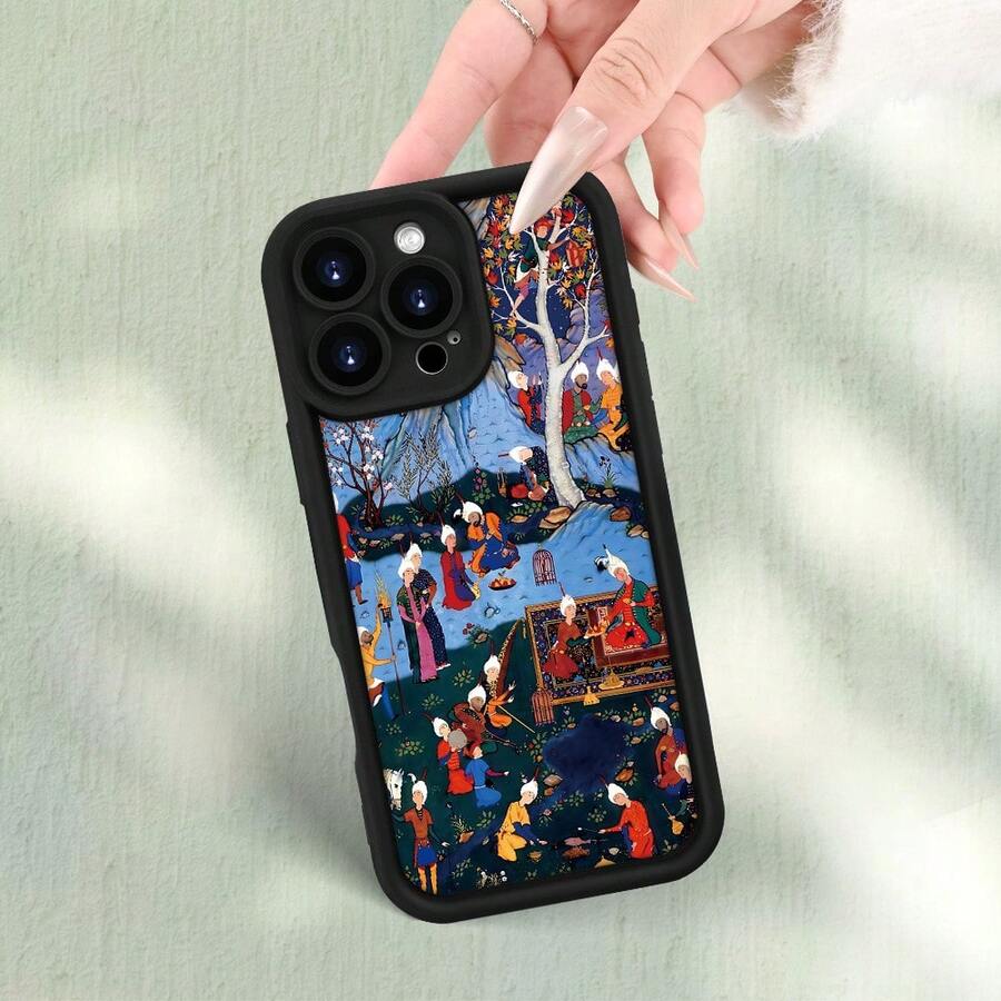 Ancient Scene Pattern Phone Case, For 17 16 15 14 13 12 11 XS XR X 7 8 Plus Pro Max Soft Silicone Back Cover Camera Protection - 黑色 - 查看 1