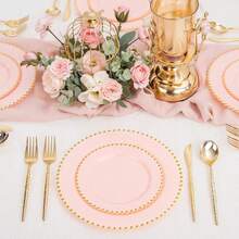 100pcs Plastic Plates With Gold Beads Plates Heavy Duty Party Supplies Includes 10.25inch Dinner Plate And 7.5inch Dessert Disposable Plate For Party,Wedding,Bridal Showers - 粉色 - 查看 6