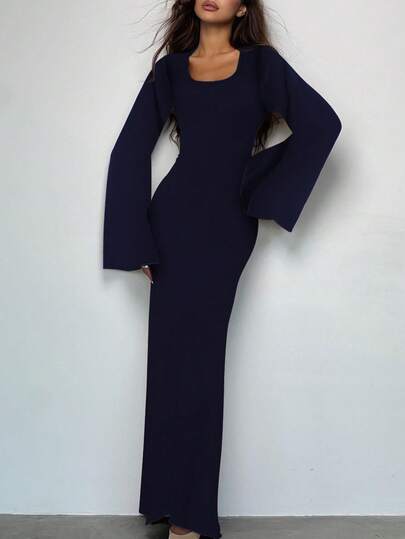 女士休闲圆领修身长喇叭袖后系带优雅日常街头秋冬长款连衣裙