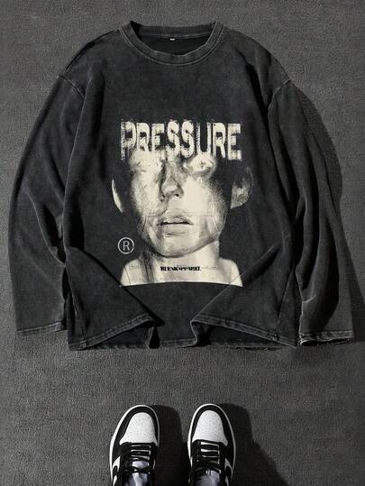 复古海报字体男士水洗做旧圆领长袖T恤