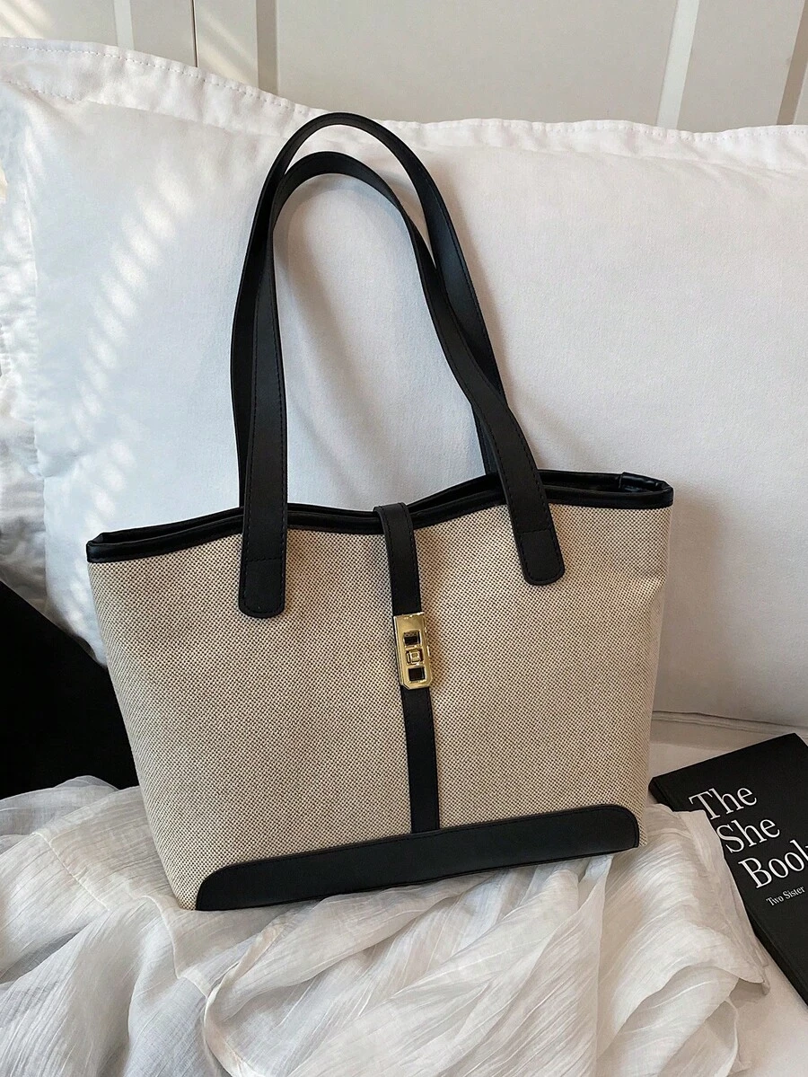 European And American Cross-Border Personalized Linen Color Block Large Capacity Tote Bag, Women New Fashion Color Block Shoulder Handbag, Casual Versatile Large Capacity Bucket Bag - Black - View 1