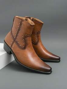 Men's Pointed Toe Chelsea Boots, Vintage British Style Gentleman Rivet Decor Motorcycle Boots, Distressed Retro Boots - Brown - View 6