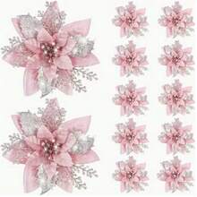 12pcs Glitter Christmas Tree Ornaments - Artificial Poinsettia Hanging Decorations With Clips, Pink Floral Garland With Shiny Sequins, Reusable For Holiday Tree Decor, Wedding & Party, Christmas Decoration, Home Decor, Floral Design, Lightweight, Durable Plastic Material, Holiday Accents