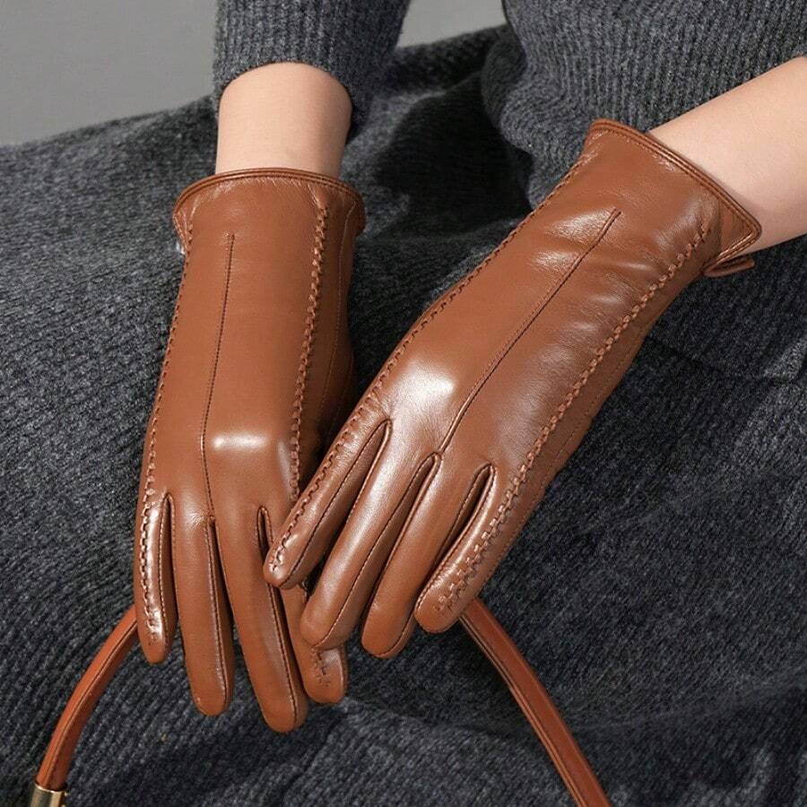 Echtlederhandschuhe für Damen im Winter mit Samt und verdicktem Touchscreen, um beim Fahren und Reiten warm zu bleiben, einfach und modisch, winddicht und kältebeständig - Kamelfarben - Übersicht 1