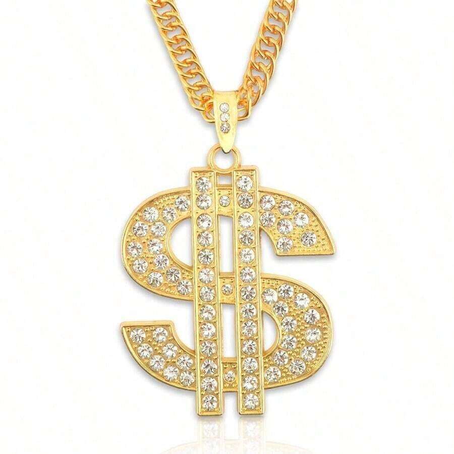 Money Chain Necklace Dollar Sign Chain Gold Dollar Sign Necklace Hip Hop Gold Money Chains For Men With Pendant Long Big Fake Gold Necklace Golden Pendant Necklaces 90s Rapper Chains 28inch # Shiqin - Vàng - Xem 1
