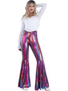 Womens Sequin Flare Pant Sparkly High Waisted Leg Bell Bottom Glitter Trousers Night Out Clubwear - 粉紅色多色 - 查看 3