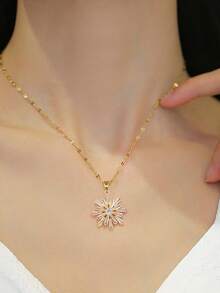 1pc Stainless Steel Chain Micro-Inlaid Zirconia Necklace, Earrings Set Luxury Personalized Jewelry Gift Set, No Gift Box - Gold - View 8
