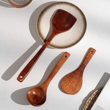 家用烹饪用具套装：长柄炒锅铲、不粘锅木铲、汤勺、耐热烹饪工具 - 彩色 - 查看 4