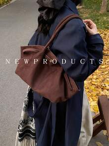 1 件仿麂皮肩带装饰大容量单肩托特包，复古风格女士手提包，磁扣设计，适合秋冬季日常外出、约会、通勤 - 咖啡 - 查看 8